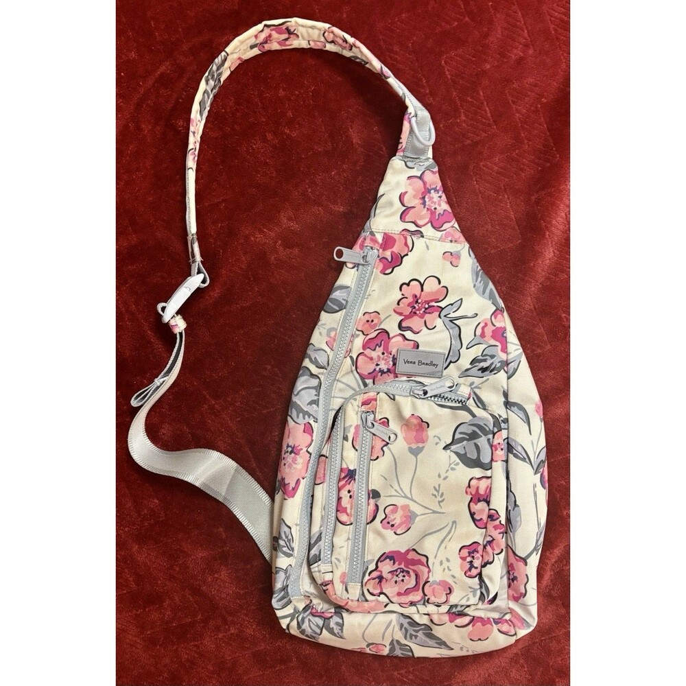 Vera Bradley Sling Backpack Floral Pink Gray Travel Adjustable Lots Pockets EUC